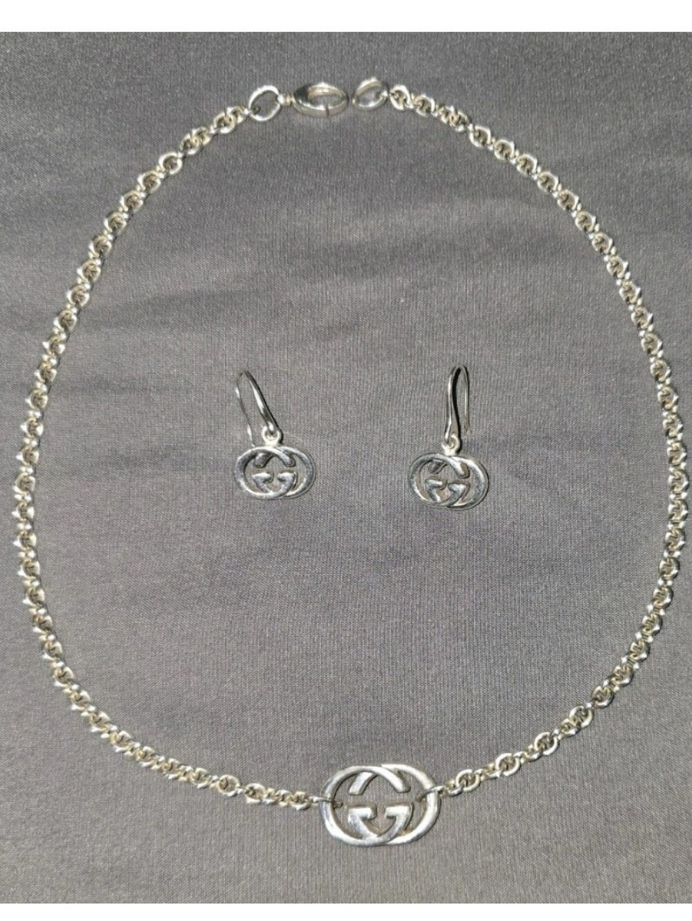 Gucci Italy Sterling Silver Interlocking G Pendant Necklace & Earings Set.